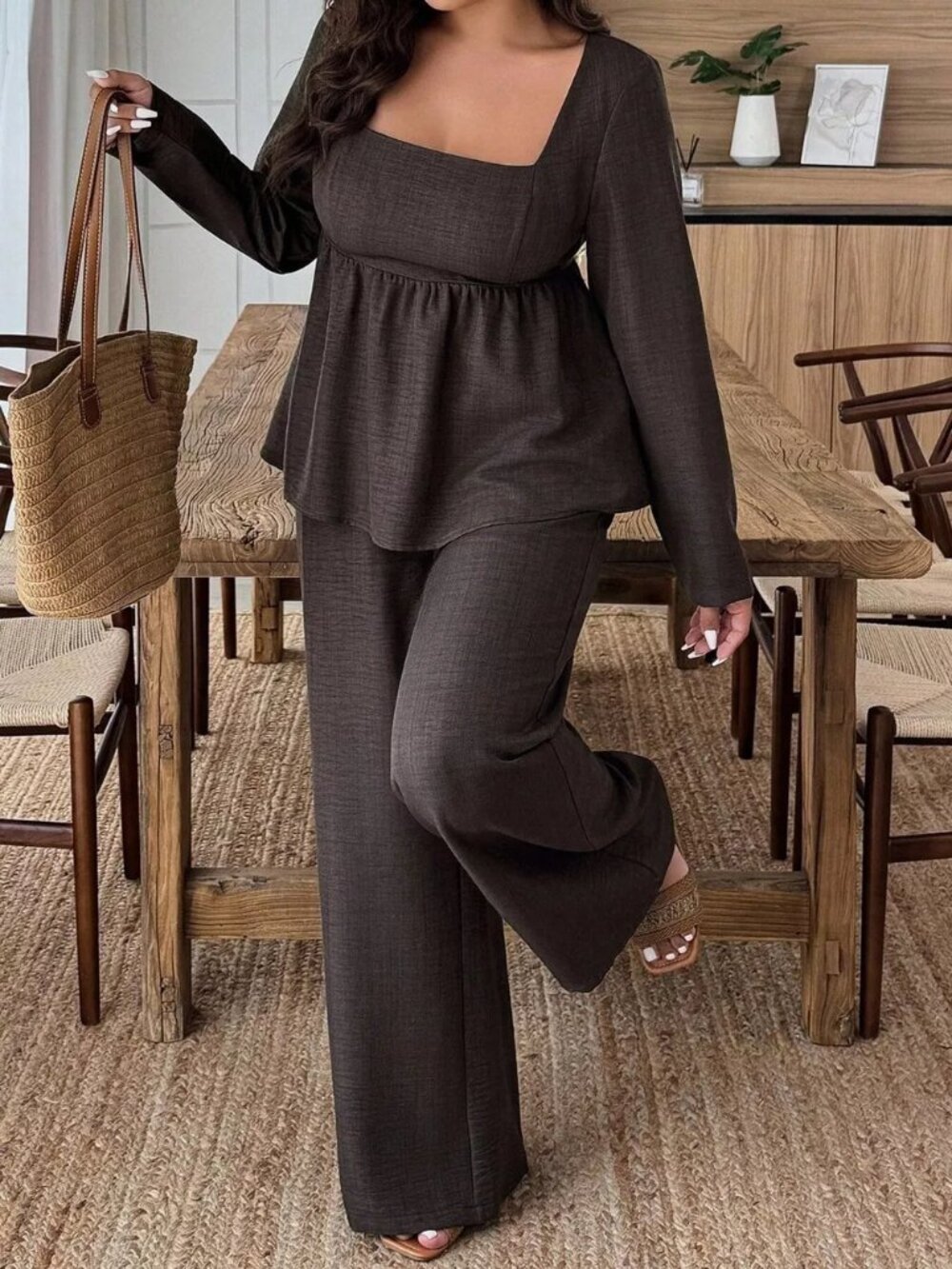 Plus Size Square Neck Long Sleeve Top and Pants Two-Piece Set